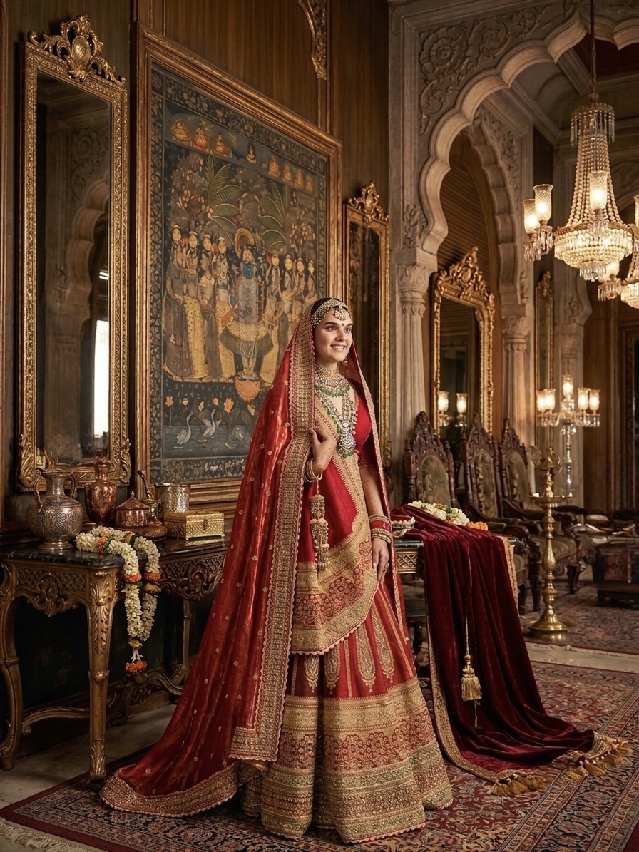 Bride wearing a red and gold lehenga standing in a chandelier-lit palace hall